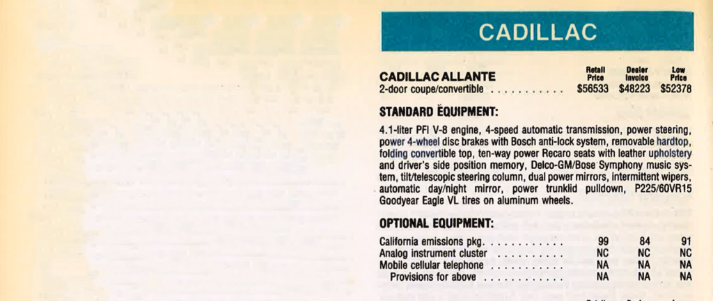 1988 Cadillac Allanté Prices